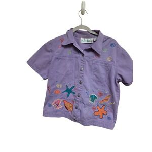 Vintage 90s‎ Isla Scene Embroidered Sea Life Button Front Crop Shirt Beach L